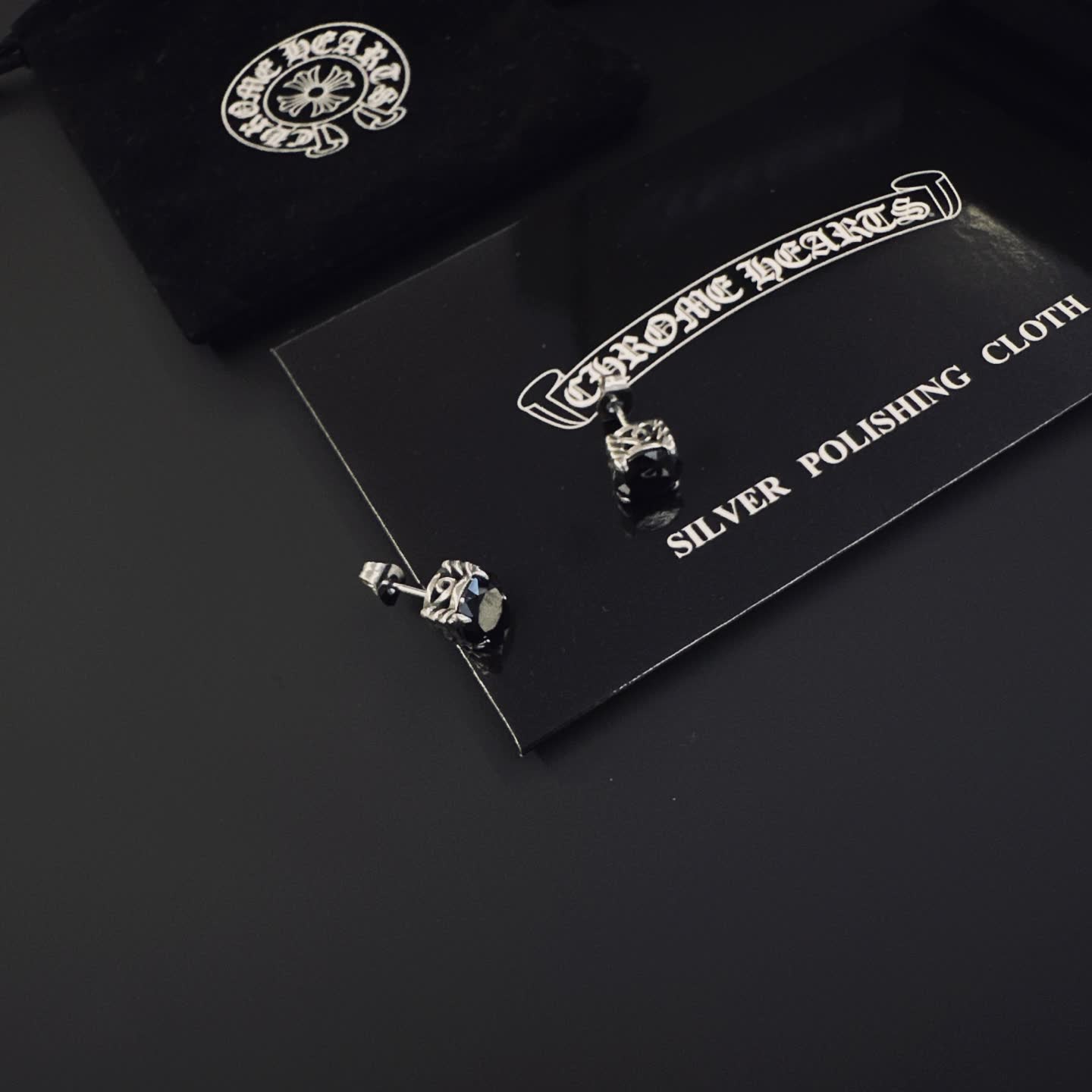 Chrome Hearts Silver Earrings with Black Stones